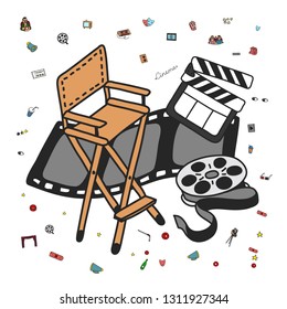Vector set. Cartoon cute hand drawn Cinema. Colorful detailed, with lots of objects background. Doodle Set. Hand drawn cinema icons doodle