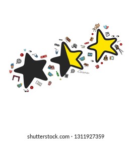 Vector set. Cartoon cute hand drawn Cinema. Colorful detailed, with lots of objects background. Doodle Set. Hand drawn cinema icons doodle