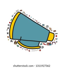 Vector set. Cartoon cute hand drawn Cinema. Colorful detailed, with lots of objects background. Doodle Set. Hand drawn cinema icons doodle