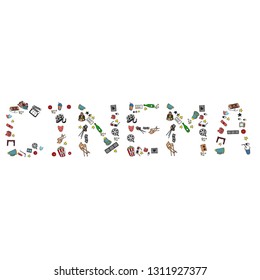 Vector set. Cartoon cute hand drawn Cinema. Colorful detailed, with lots of objects background. Doodle Set. Hand drawn cinema icons doodle