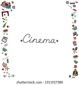 Vector set. Cartoon cute hand drawn Cinema. Colorful detailed, with lots of objects background. Doodle Set. Hand drawn cinema icons doodle