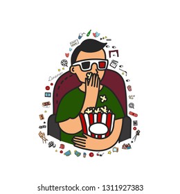 Vector set. Cartoon cute hand drawn Cinema. Colorful detailed, with lots of objects background. Doodle Set. Hand drawn cinema icons doodle
