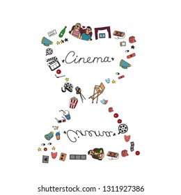 Vector set. Cartoon cute hand drawn Cinema. Colorful detailed, with lots of objects background. Doodle Set. Hand drawn cinema icons doodle