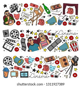 Vector set. Cartoon cute hand drawn Cinema. Colorful detailed, with lots of objects background. Doodle Set. Hand drawn cinema icons doodle