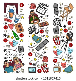 Vector set. Cartoon cute hand drawn Cinema. Colorful detailed, with lots of objects background. Doodle Set. Hand drawn cinema icons doodle