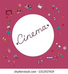 Vector set. Cartoon cute hand drawn Cinema. Colorful detailed, with lots of objects background. Doodle Set. Hand drawn cinema icons doodle