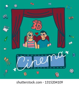 Vector set. Cartoon cute hand drawn Cinema. Colorful detailed, with lots of objects background. Doodle Set. Hand drawn cinema icons doodle
