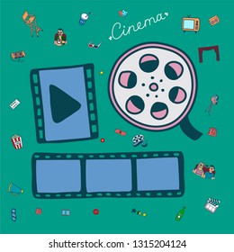 Vector set. Cartoon cute hand drawn Cinema. Colorful detailed, with lots of objects background. Doodle Set. Hand drawn cinema icons doodle