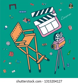 Vector set. Cartoon cute hand drawn Cinema. Colorful detailed, with lots of objects background. Doodle Set. Hand drawn cinema icons doodle