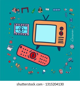 Vector set. Cartoon cute hand drawn Cinema. Colorful detailed, with lots of objects background. Doodle Set. Hand drawn cinema icons doodle