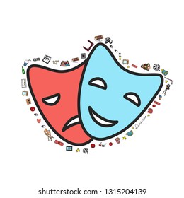 Vector set. Cartoon cute hand drawn Cinema. Colorful detailed, with lots of objects background. Doodle Set. Hand drawn cinema icons doodle