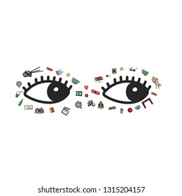 Vector set. Cartoon cute hand drawn Cinema. Colorful detailed, with lots of objects background. Doodle Set. Hand drawn cinema icons doodle