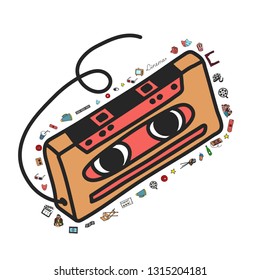Vector set. Cartoon cute hand drawn Cinema. Colorful detailed, with lots of objects background. Doodle Set. Hand drawn cinema icons doodle