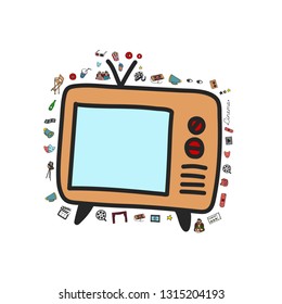 Vector set. Cartoon cute hand drawn Cinema. Colorful detailed, with lots of objects background. Doodle Set. Hand drawn cinema icons doodle