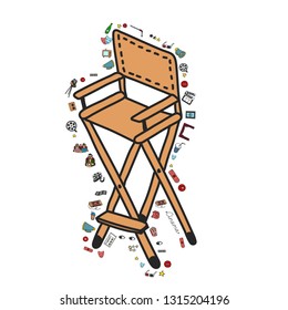 Vector set. Cartoon cute hand drawn Cinema. Colorful detailed, with lots of objects background. Doodle Set. Hand drawn cinema icons doodle