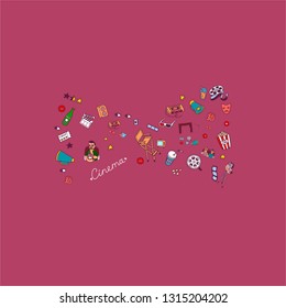Vector set. Cartoon cute hand drawn Cinema. Colorful detailed, with lots of objects background. Doodle Set. Hand drawn cinema icons doodle