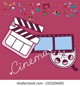 Vector set. Cartoon cute hand drawn Cinema. Colorful detailed, with lots of objects background. Doodle Set. Hand drawn cinema icons doodle