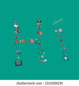 Vector set. Cartoon cute hand drawn Cinema. Colorful detailed, with lots of objects background. Doodle Set. Hand drawn cinema icons doodle