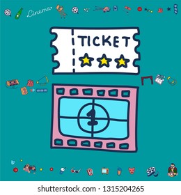 Vector set. Cartoon cute hand drawn Cinema. Colorful detailed, with lots of objects background. Doodle Set. Hand drawn cinema icons doodle