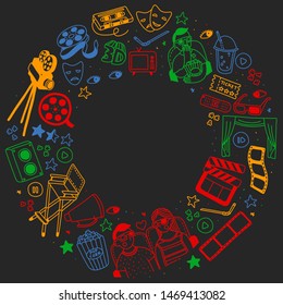 Vector set. Cartoon cute hand drawn Cinema. Colorful detailed, with lots of objects background. Doodle Set. Hand drawn cinema icons doodle