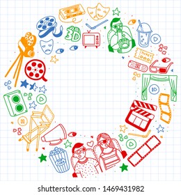 Vector set. Cartoon cute hand drawn Cinema. Colorful detailed, with lots of objects background. Doodle Set. Hand drawn cinema icons doodle