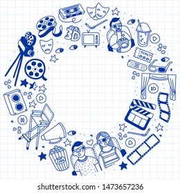 Vector set. Cartoon cute hand drawn Cinema. ink detailed, image of pen on checkered notebook. Doodle Set. Hand drawn cinema icons doodle