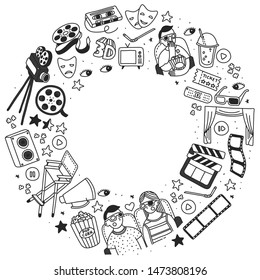 Vector set. Cartoon cute hand drawn Cinema. black white detailed, with lots of objects background. Doodle Set. Hand drawn cinema icons doodle