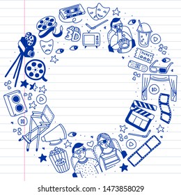 Vector set. Cartoon cute hand drawn Cinema. ink detailed, image of pen on line notebook. Doodle Set. Hand drawn cinema icons doodle