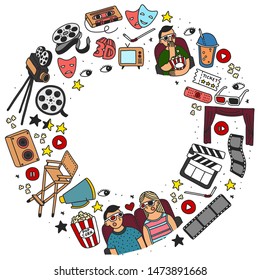 Vector set. Cartoon cute hand drawn Cinema. Colorful detailed, with lots of objects background. Doodle Set. Hand drawn cinema icons doodle