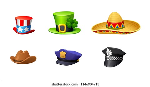 vector set of cartoon cute hats for different characters