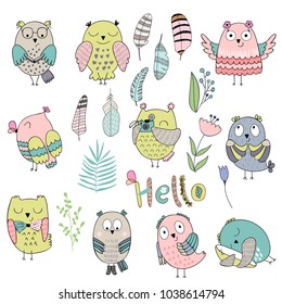 Vector Set of cartoon cute isolated owls, feathers and plant.
