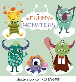 Vector set with cartoon cute monsters