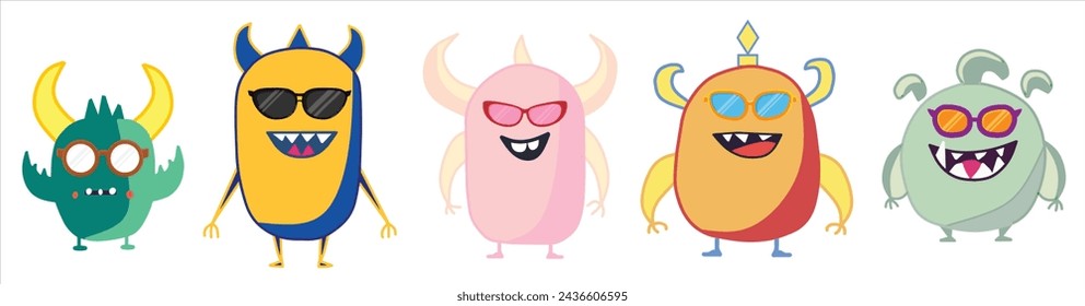 vector set of cartoon cute monsters with seasonal sunglasses collection flat-syle