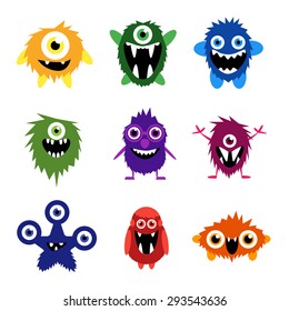 Vector set of cartoon cute monsters and aliens. Custom shapes, bodies, faces, smiles, teeth and eyes. EPS 8 vector cute halloween monsters for your design and business.