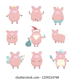 Vector set of cartoon cute piglets on a white background