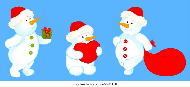 Vector set of cartoon cute snowmen are isolated