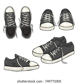 Vector Set of Cartoon Dark Gray Gumshoes. Side, Top and Front Views.