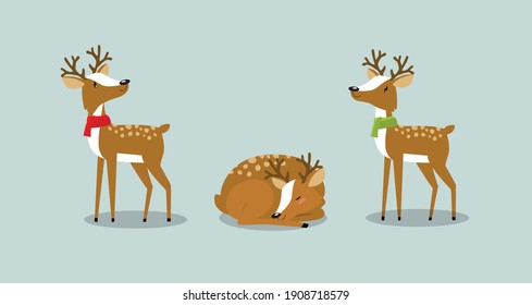 Vector set of cartoon deer. The deer is sleeping, the deer is standing. Fawns.