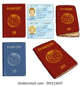 Vector Set of Cartoon Documents. Red and Blue Passports and Drivers ID.