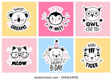 Vector set with cartoon doodle animals - sleeping koala, cute owl, cat with glasses, little monkey, baby tiger, teddy bear. Funny puns, quotes. Adorable prints, stickers. Bright cards collection.