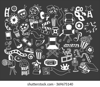 Vector set of cartoon doodle icons Cinema 