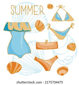 Vektorset aus Cartoon-Doodle-Badeanzügen und Bikini-Unterwäsche-Elementen, Beachbeauty-Brassiere, elegante, handgezeichnete Kleidungskollektion