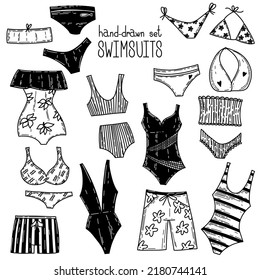 Vector set of cartoon doodle swimsuits and bikini underwear elements, beach beauty brassiere, elegant hand drawn clothing collection