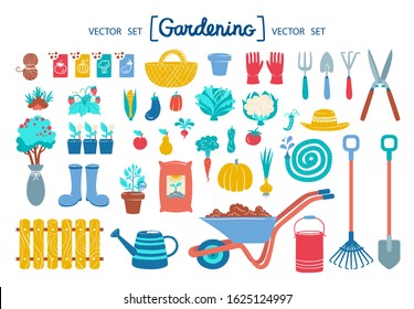 Vector set with cartoon doodles on the  theme of garden, garden tools, agriculture, equipment, harvest. Colorful flat symbols of gardening for use in design