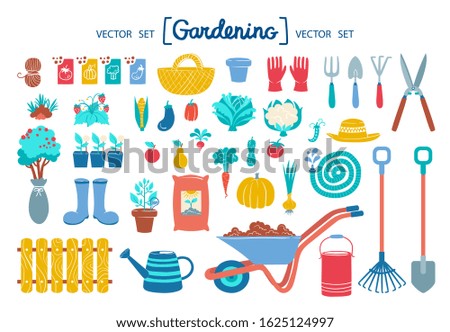 Vector set with cartoon doodles on the  theme of garden, garden tools, agriculture, equipment, harvest. Colorful flat symbols of gardening for use in design
