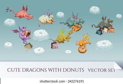 Vector set of cartoon dragons with donuts