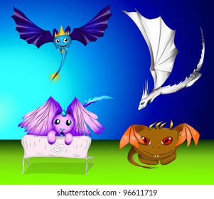 vector set of cartoon dragons and monsters eps 10 illustration