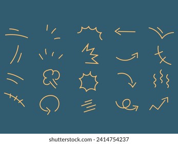 Vector set of cartoon drawing doodle symbols. drawing movement curved direction arrow Emoticon effect design element Emotion symbols of cartoon characters