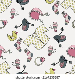 Vector set a cartoon drawings by hand, hand-drawn, first baby things, vest, cap, rattle, duck, toys, first, different, markings, first shoes, seamless pattern for textiles, paper