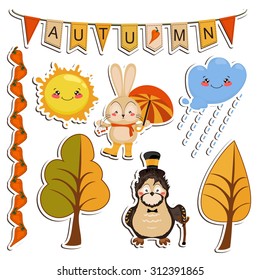 Vector set of cartoon drawings, funny animals, autumn forest, bright and rainy weather.